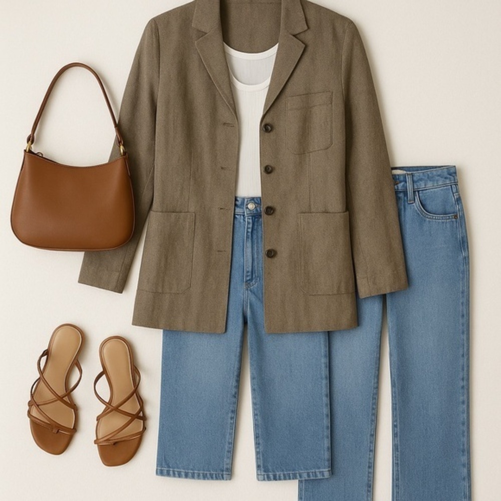 Laura Ashley unlined linen herringbone 4-button long blazer jacket w/ 3 pockets